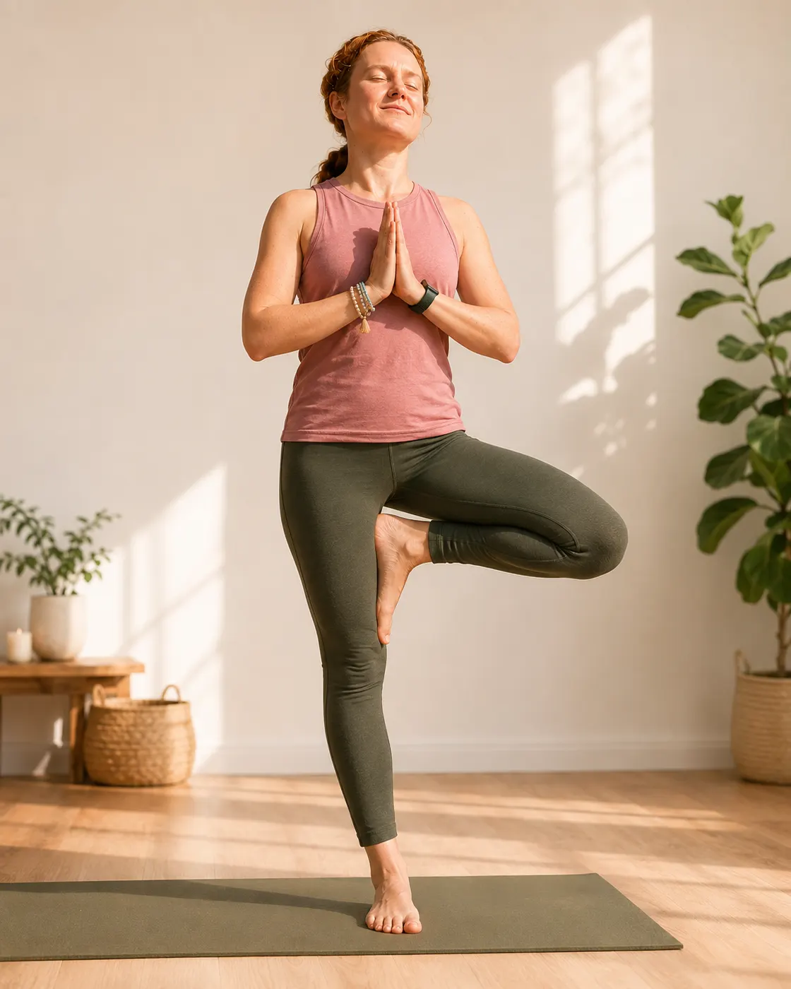 Vrouw in de boomhouding, balancerend op een been in een lichte studio