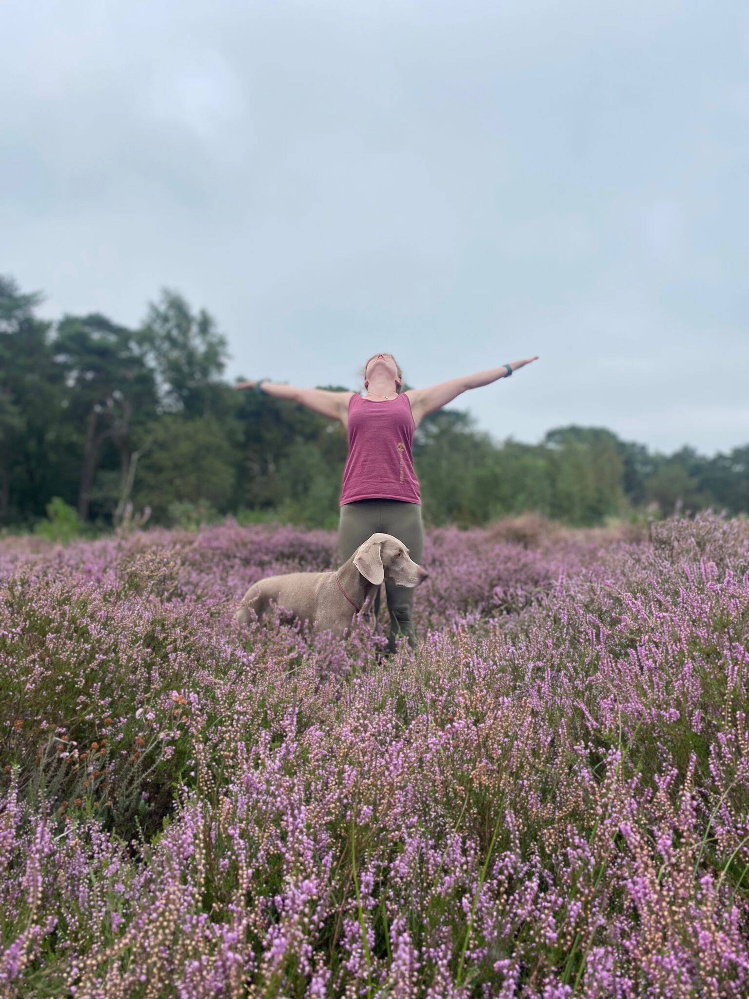 Yoga en mindfulness buiten op de heide met hond