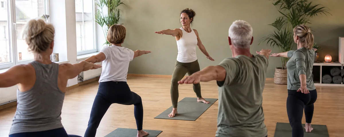 Yogadocent die een open les in een studio begeleidt