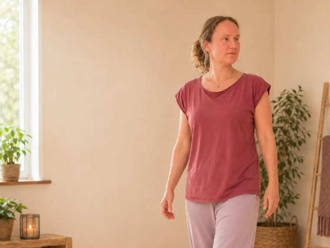 Vrouw loopt aandachtig door de yogastudio, met de zon op de vloer