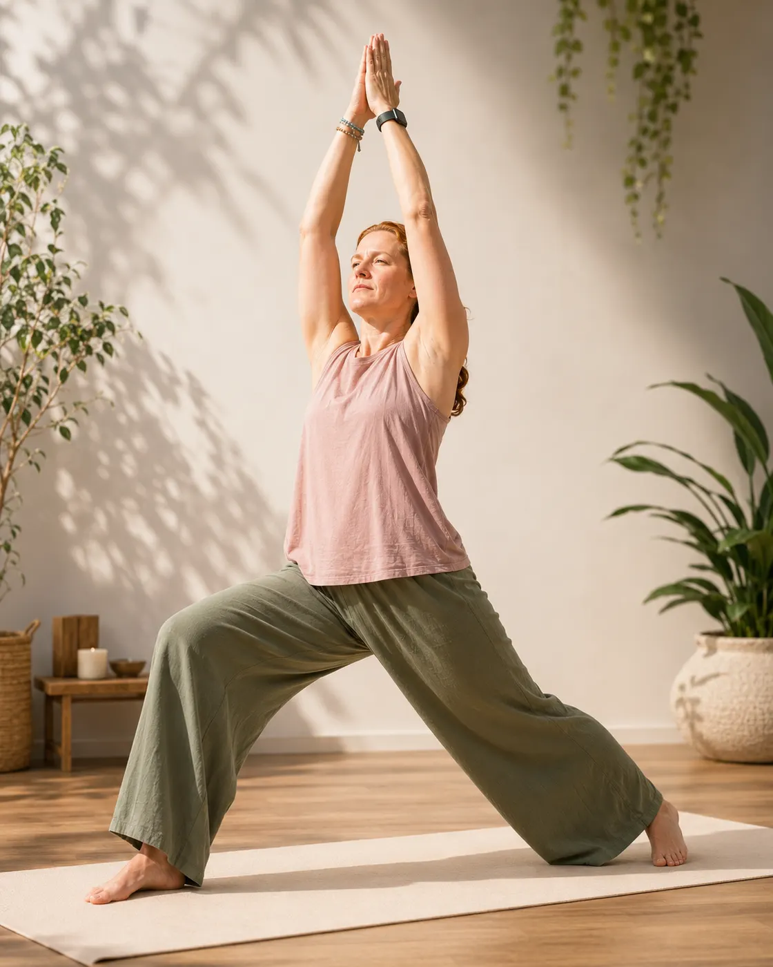 Staande yogahouding met gestrekte armen
