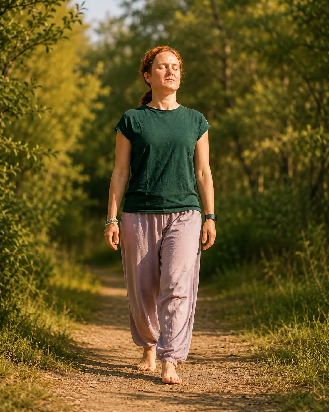 Wandelen op blote voeten over een bospad in de zon