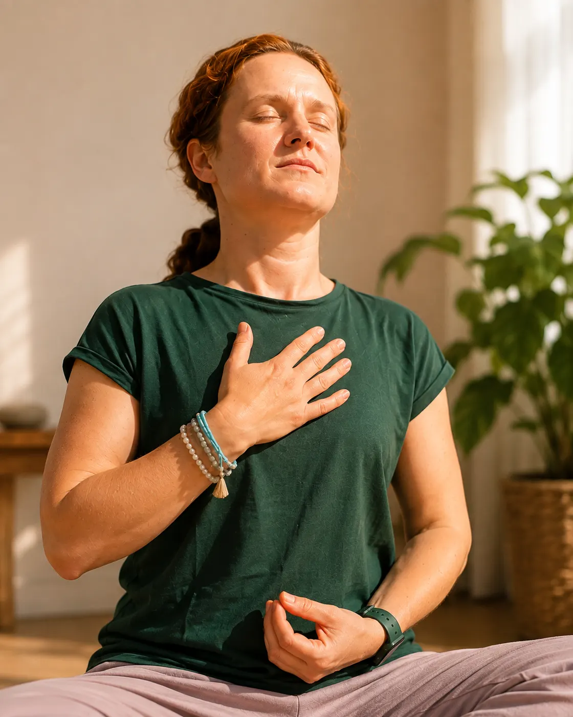 Zittende houding met de hand op het hart tijdens een Yin-les
