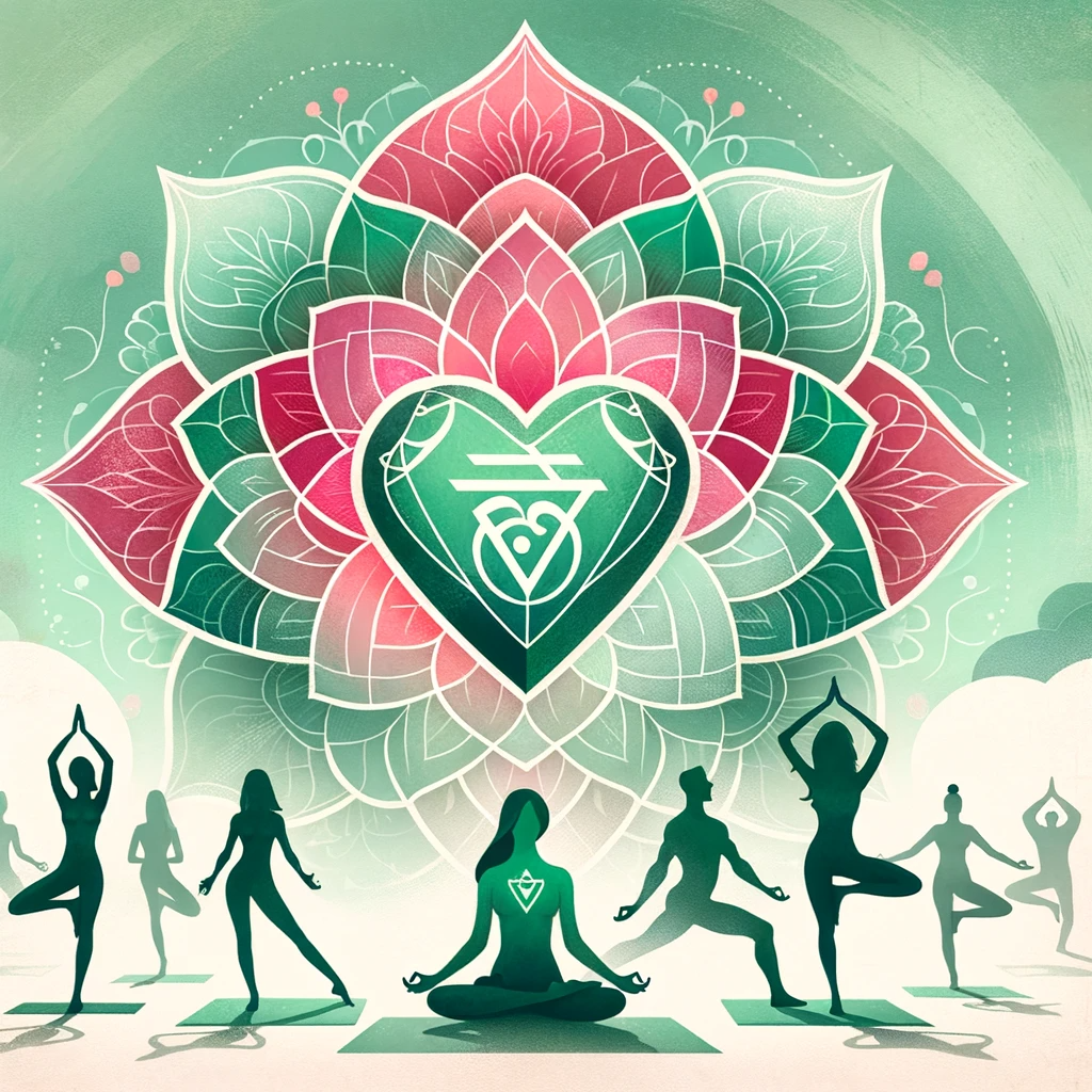 yoga class, focusing on the Anahata Chakra theme.The image features a heart-shaped Anahata chakra symbol