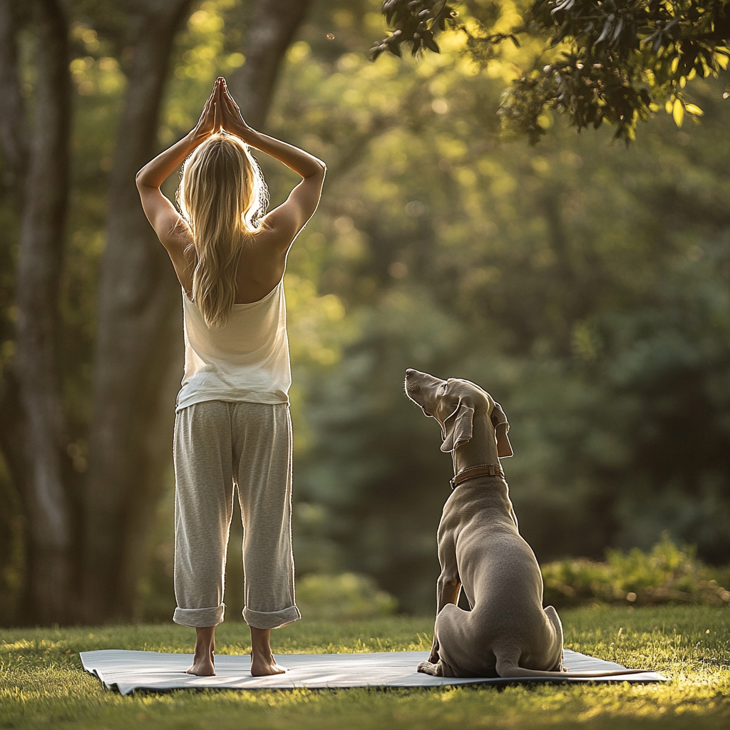 Een vrouw staat in een yogapositie op een mat in een bosrijke omgeving, terwijl haar hond naast haar zit en haar rustig aankijkt. Het ochtendlicht schijnt door de bomen en zorgt voor een serene sfeer.